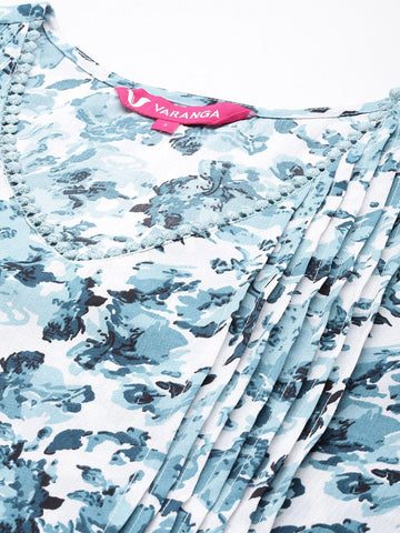 Varanga Women Women White & Blue Floral Printed A-Line Kurta With Bottom